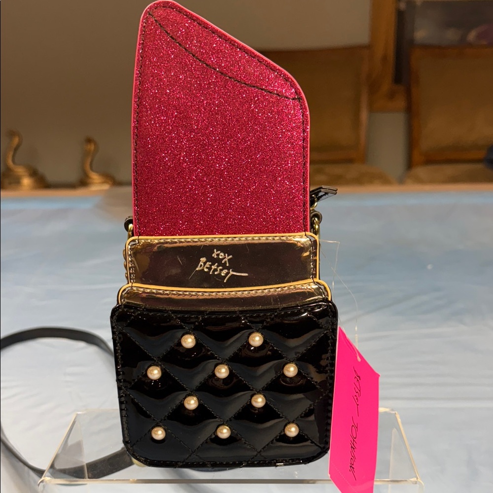 Betsey Johnson Black Quilted Pearl Mini Lipstick Crossbody with Pink Glitter